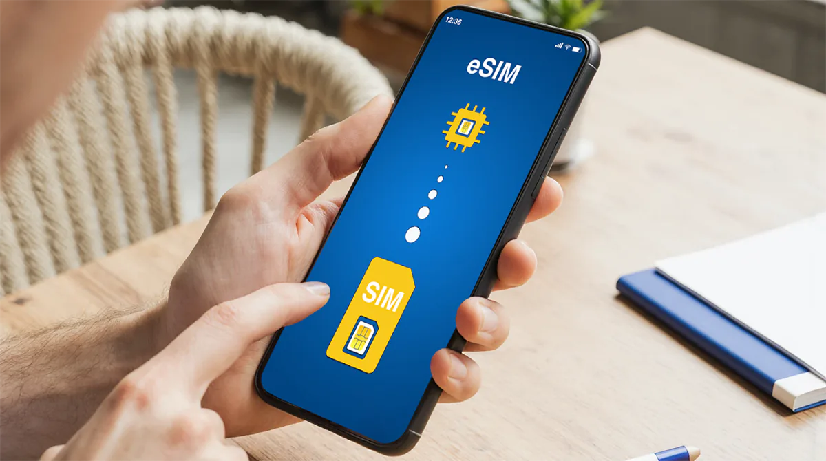 Смартфон в руках человека с визуализацией перехода от физической Mini SIM-карты к встроенному цифровому профилю eSIM