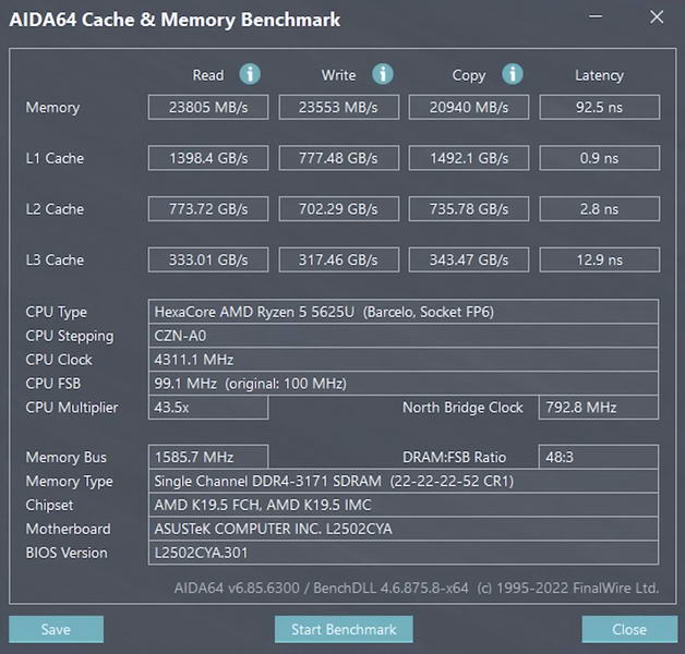 Тест AIDA64 Cache & Memory Benchmark для ASUS ExpertBook L2 L2502C