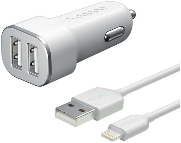Автомобильное зарядное устройство Deppa Ultra MFI Apple Lightning, 2xUSB, 2.4A, белое (11291) 11658903