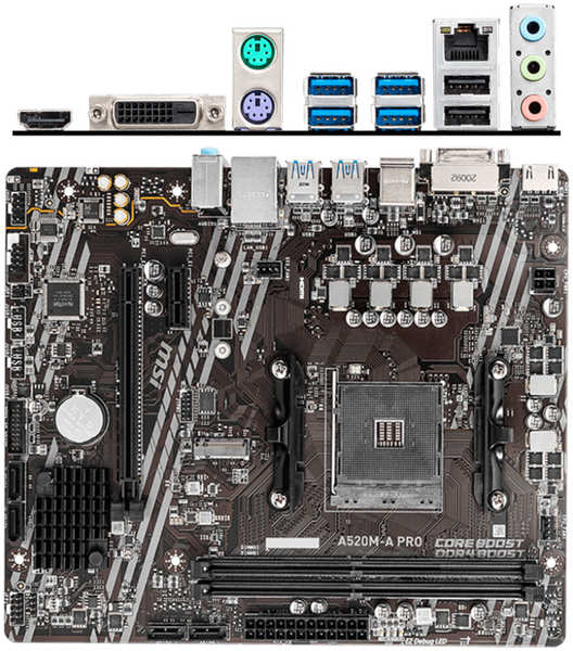 Материнская плата MSI A520M Pro A520 Socket AM4 2xDDR4, 4xSATA3, RAID, 1xM.2, 1xPCI-E16x, 4xUSB3.2, D-Sub, DP, HDMI, Glan, mATX 11750724