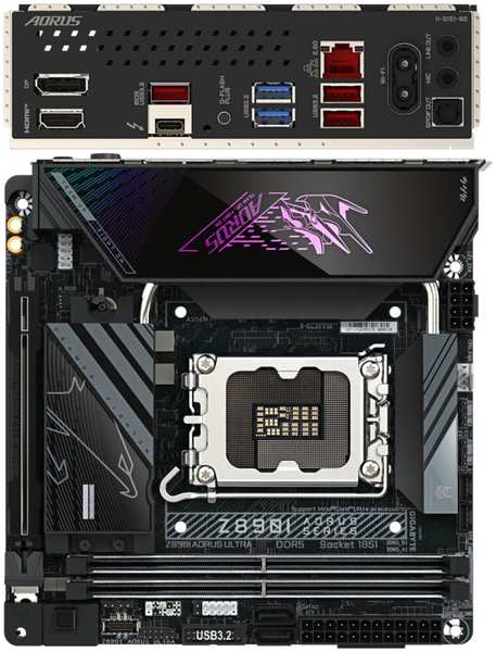 Материнская плата Gigabyte Z890I AORUS Ultra Z890 Soc-1851 2xDDR5, 2xSATA3, RAID, 2хM.2, 1xPCI-E16x, 5xUSB3.2, 1xUSB3.2 Type C, DP, HDMI, WiFi, 5Glan, Mini-ITX