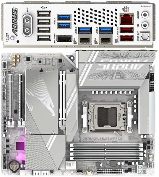 Материнская плата Gigabyte X870 AORUS Elite Wifi7 Ice Socket-AM5 AMD X870 4xDDR5, 4xSATA3, RAID, 4xM.2, 3xPCI-E16x, 6xUSB3.2, 2xUSB3.2 Type C, DP, HDMI, Glan, ATX Ret