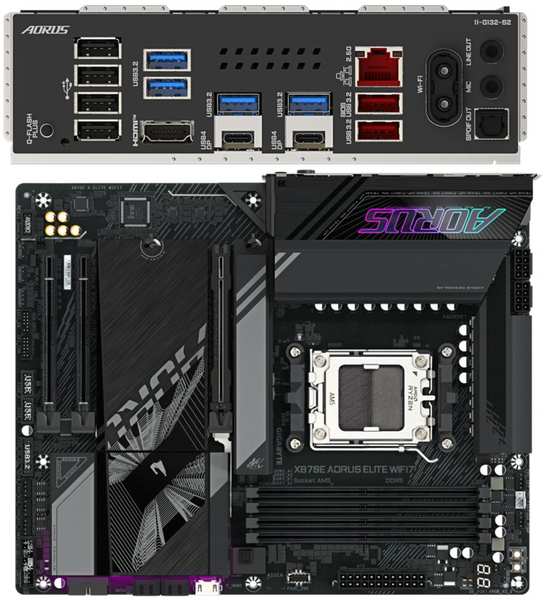 Материнская плата Gigabyte X870E AORUS Elite Wifi7 Socket-AM5 AMD X870E 4xDDR5, 4xSATA3, RAID, 4xM.2, 3xPCI-E16x, 6xUSB3.2, 2xUSB3.2 Type C, DP, HDMI, Glan, ATX Ret