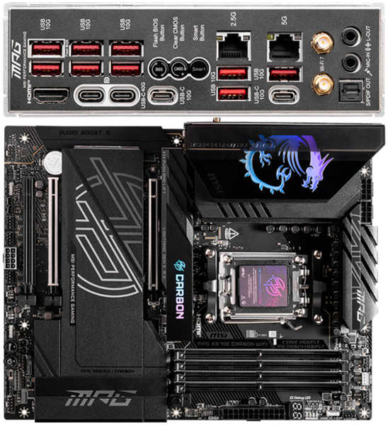 Материнская плата MSI MPG X870E Carbon WiFi Socket-AM5 AMD X870 4xDDR5, 4xSATA3, RAID, 4xM.2, 3xPCI-E16x, 9xUSB3.2, 2xUSB3.2 Type C, DP, HDMI, WiFi, 2xGlan, ATX Ret 11759721