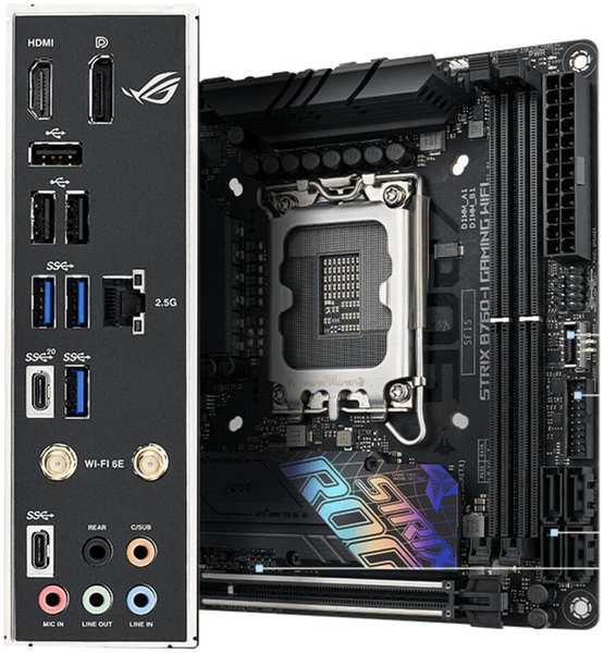 Материнская плата ASUS ROG Strix B760-I Gaming WiFi B760 Socket-1700 2xDDR5, 4xSATA3, RAID, 2xM.2, 1xPCI-E16x, 3xUSB3.2, 2xUSB3.2 Type C, DP, HDMI, WiFi, Glan, mini-ITX