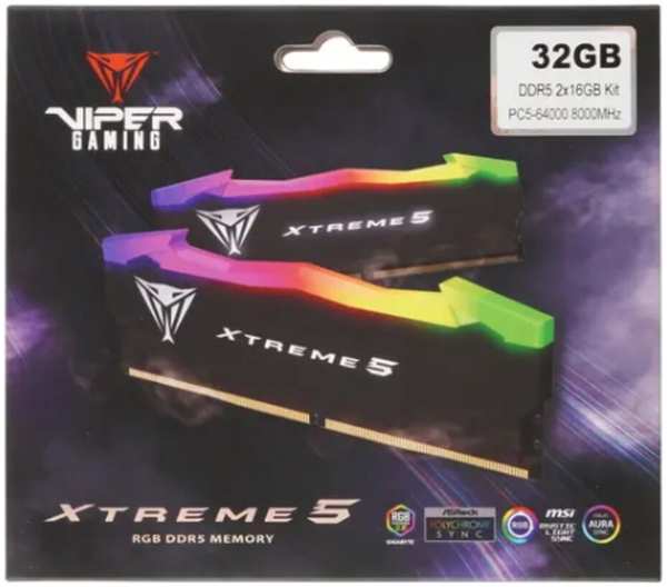 Модуль памяти DIMM 32Gb 2х16Gb DDR5 PC64000 8000MHz PATRIOT Viper Xtreme 5 RGB (PVXR532G80C38K) 11797791