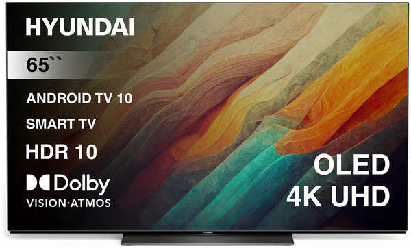 Телевизор Hyundai 65″ OLED, UHD, Smart TV (Android TV), Звук (24 Вт (2x12 Вт), 3xHDMI, 2xUSB, 1xRJ-45, H-LED65OBU7700