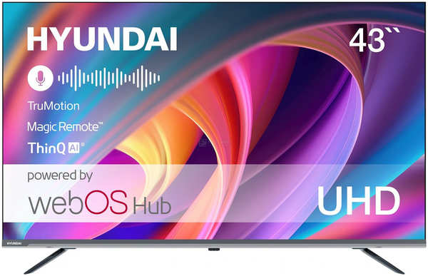 Телевизор Hyundai 43″ LED, UHD, Smart TV (webOS), Звук (16 Вт (2x8 Вт), 3xHDMI, 2xUSB, 1xRJ-45, /, H-LED43BU7100