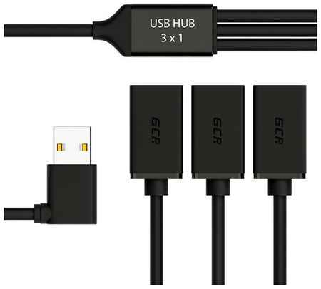 Greenconnect GCR USB Hub на 3 порта 0.35m гибкий двусторонний угловой AM / 3 х AF черный 19012630405