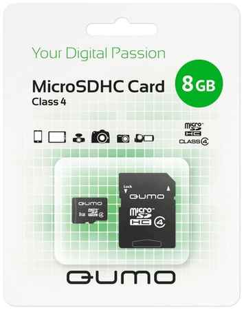 Карта памяти Qumo microSDHC 4 ГБ Class 4, адаптер на SD, 1 шт., черный 191404778