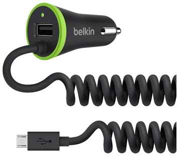 Автомобильное зарядное устройство Belkin 1xUSB, встроенный кабель MicroUSB папа