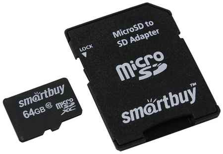 Карта памяти SmartBuy microSDXC 64 ГБ Class 10, V30, R/W 20/17 МБ/с, адаптер на SD, 1 шт., черный 195723812