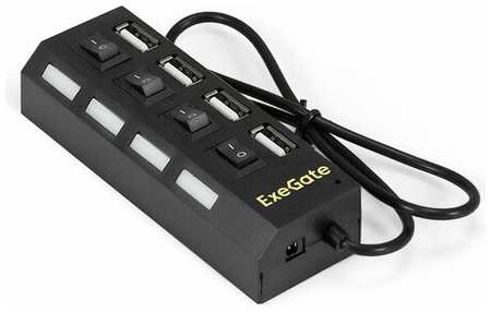 USB-Хаб (концентратор) 4-в-1 ExeGate DUB-42SW (кабель-адаптер USB2.0 --> 4xUSB2.0, кнопки включения/отключения для каждого порта, Plug&Play, черный) EX293977RUS 198318319319