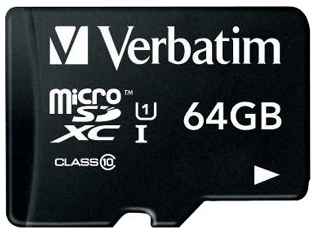 Карта памяти Verbatim microSDXC 64 ГБ Class 10, UHS-I, R 90 МБ/с, адаптер на SD 1984206300
