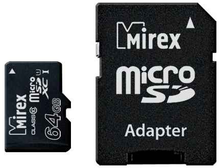 Карта памяти Mirex microSDXC 64 ГБ Class 10, V10, A1, UHS-I U1, R/W 45/25 МБ/с, адаптер на SD, 1 шт., черный 1984287327