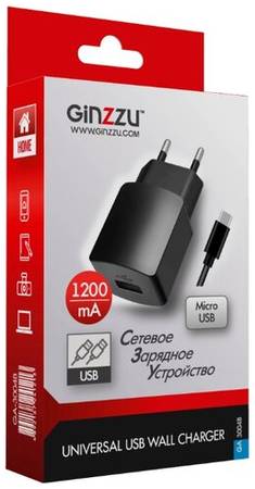 Сетевое зарядное устройство GINZZU GA-3004B, USB, microUSB, 1.2A
