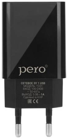 Сетевое зарядное устройство PERO TC01 1USB 1A, черное 19844307073843