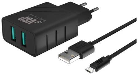 Сетевое зарядное устройство BoraSCO 2USB, 2,4A + Дата-кабель Micro USB, 2А, 1м, черное 19844343279394
