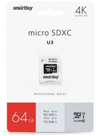Карта памяти SmartBuy microSDXC 64 ГБ Class 10, UHS-I U3, R/W 90/70 МБ/с, адаптер на SD, 1 шт., черный 19844573517684