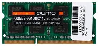 Оперативная память Qumo 8 ГБ DDR3L 1600 МГц SODIMM CL11 QUM3S-8G1600C11L 1984558532