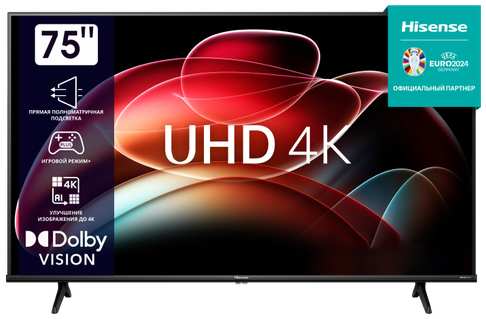Hisense Телевизор 75 Hisense 75A6K, DLED, 4K Ultra HD 3840x2160, Smart TV, черный 19846234300247