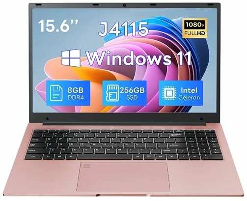 JOHNKANG Ультратонкий ноутбук 15,6 дюймов Intel Celeron J4115 (4*1.8, до 2,5 ГГц) IPS 1920х1080, 8 Гб DDR4 ОЗУ, 256 ГБ SSD, HD Graphics UHD 600, Windows 11, Розовый + мышь + коврик 19846354511107