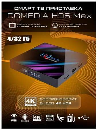 Смарт ТВ приставка DGMedia H96 Max, Андроид медиаплеер 4/32 Гб, Wi-Fi, 4K, RK3318