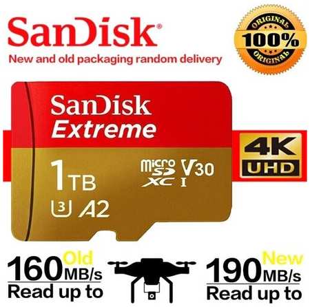 Карта памяти с адаптером SanDisk Extreme microSDXC 1000 ГБ (1 ТБ) Class10 UHS Class 3 V30 A2 190/130 Mb/s (Go Pro, dji, дроны) 19846408328984
