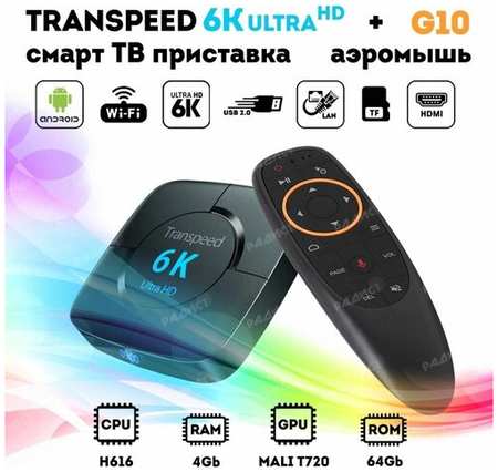 Андроид смарт ТВ приставка Transpeed 6K 4/64 Гб + пульт G10 в комплекте