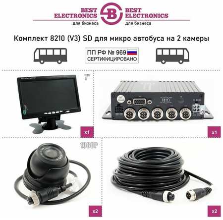 Best Electronics Видеонаблюдение 969 для автобусов и маршрутных такси готовый комплект 2 камеры с монитором 7″, запись на SD карту 19846423565336