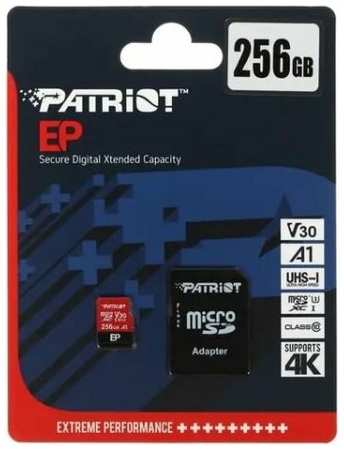 Patriot Memory Карта памяти Patriot EP microSDXC 256 ГБ (PEF256GEP31MCX) - A1, UHS Class 3, Video Class 30, запись - 80 Мбайт/сек, чтение - 90 Мбайт/сек