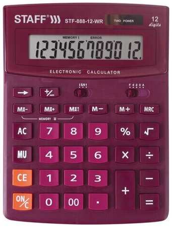 Калькулятор настольный Staff STF-888-12-WR (12-разрядный) бордовый (250454), 20шт 19846459230782