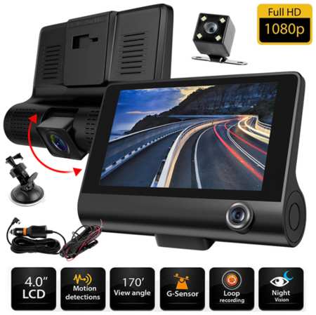 Автомобильный видеорегистратор c тремя объективами / Full HD 1080P / 4-дюймовый LCD дисплей / G-сенсор / WDR / Камера заднего вида для парковки