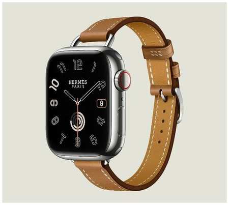 Часы Apple Watch Hermès Series 9 GPS + Cellular 41mm Silver Stainless Steel Case with Gold Swift Leather Attelage Single Tour 19846701131323
