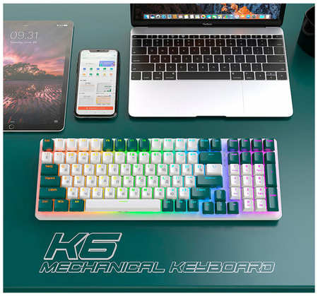 Игровая RGB беспроводная механическая клавиатура K6 Bluetooth, Серый/Зеленый 19846740534531