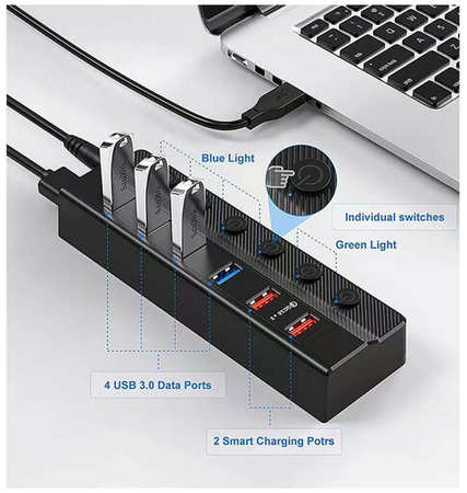 Хаб USB с портами быстрой зарядки 4 x USB 3.0 +2 x QC 3.0, выключатели, БП 12В, 3А | ORIENT BC-306PSQC 19846747439369