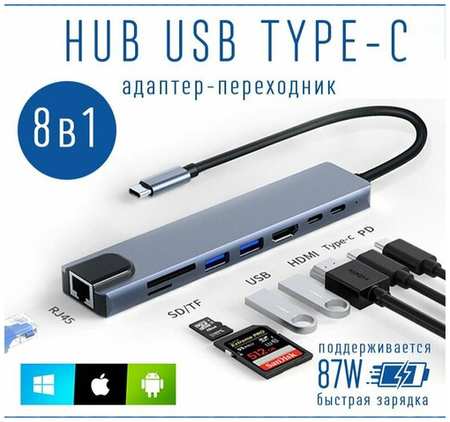 MAGIC PASSION Hub USB type C 8 in 1 / Переходник HDMI 4K, RJ45, MicroSD, USBx2, TypeC Power Delivery 87W / Разветвитель хаб 3.0 8 в 1