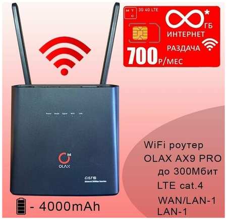 Wi-Fi роутер OLAX AX9 PRO black с аккумулятором + сим карта с безлимитным* интернетом и раздачей за 1300р/мес 19846840855255