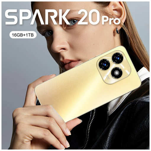 Смартфон Spark20 Pro, телефон, поддержка русского языка, сеть 5G, RAM 16GB+1TB, Android 13, золотой