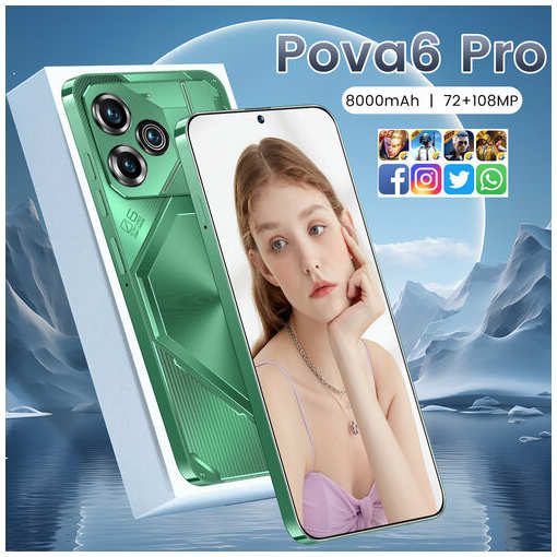 Смартфон , POVA6 Pro, мобильный телефон, поддержка русского языка, перфорированный экран, сеть 5G, память 16 ГБ+1 ТБ, Android 13, зеленый 19847021955825