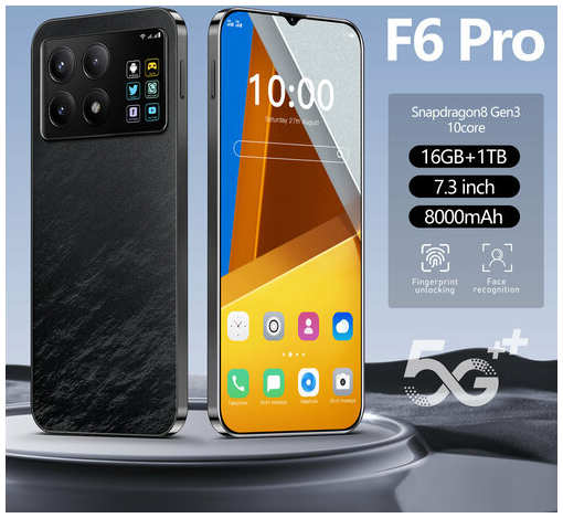 Смартфон, F6 PRO Мобильный телефон, встроенный HD экран, 16GB+1TB, WIFI+BT+FM+GPS, порт для зарядки Type-C, разблокировка по отпечатку пальца, Android 13, черный 19847068428896