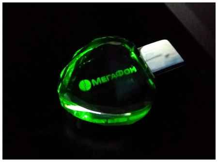 Стеклянная флешка с кристаллом сердце под гравировку 3D логотипа (64 Гб / GB USB 2.0 Зеленый/Green cristal-03 apexto AP-UG004, LED) 19848000054587