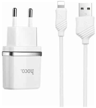 Зарядное устройство на 2 USB и кабель Lightning, Hoco C12 Dual USB Charger 2.4 А, белое