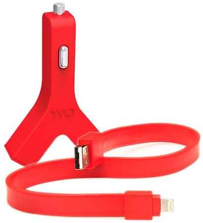 Автомобильное зарядное устройство (автозарядка) Tylt Y-charge 2 USB 4.2 А с ленточным кабелем Tylt Syncable Lightning-USB красное 19848184203409
