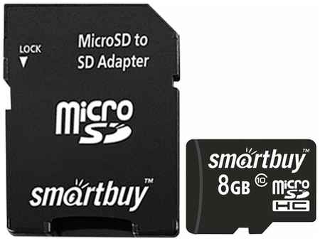 Карта памяти micro SDHC, 8 GB, SMARTBUY, 10 Мб/ сек. (class 10), с адаптером, SB8GBSDCL10-01 19848203600900
