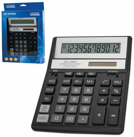 Калькулятор настольный CITIZEN SDC-888ХBK (203×158 мм), 12 разрядов, двойное питание, черный 19848203692483