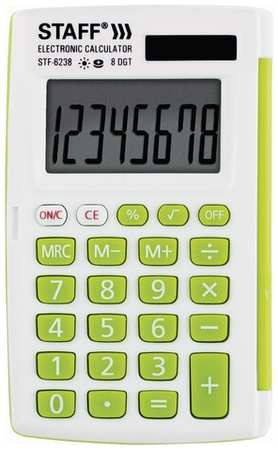 Калькулятор карманный STAFF STF-6238 (104×63 мм), 8 разядов, двойное питание, белый С зелёными кнопками, блистер, 250283 19848205417175