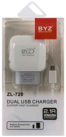 Сетевое ЗУ BYZ ZL-720, 2хUSB-А, 2.1А + кабель (AM-Type-C), 1 м, белый 19848221495732