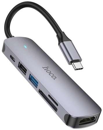 HOCO HB28 Концентратор -Хаб 6 в 1, USB 3.0, Type-C, Card Reader SD, Micro SD, HDMI металл, оригинал