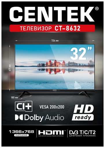 Телевизор CENTEK CT-8632, 32 дюйма с цифровым тюнером DVB-T, C, T2, S, S2 и HDMI 2 входами 19848324038059